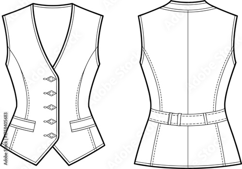 Cad drawing flat vector illustration, technical vest design front and back view, fashion template, apparel mockup, tailored waistcoat, garment sketch