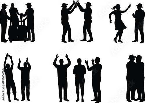 Silhouette People Engaged in Social Activities, Celebrating, Dancing, Toasting, Taking Selfies, Interacting in Groups, Vector Art for Community Concepts