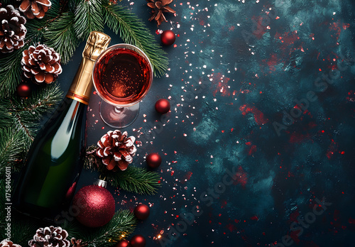bottle of champagne and glass of champagne on christmas background