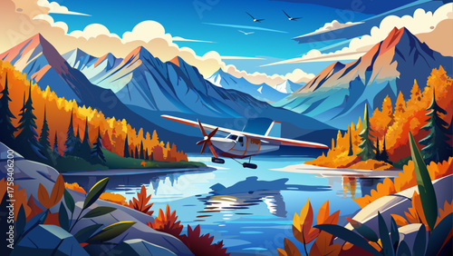 Very beautiful Alaska float plane flying over a pristine lake surrounded by mountains with blue water, autumn foliage, and cloudy skies, capturing the adventure and serene wilderness of northern Alask