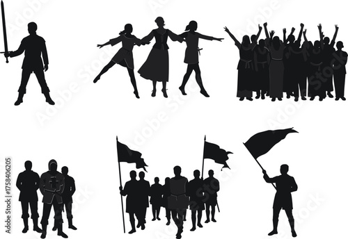 Silhouette of warriors, dancers, protesters, and leaders in action – symbolic vector illustration of unity, movement, and human expression