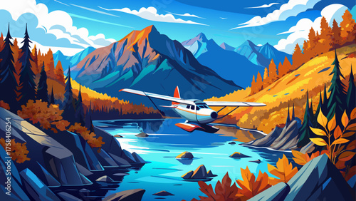 Very beautiful Alaska float plane flying over a pristine lake surrounded by mountains with blue water, autumn foliage, and cloudy skies, capturing the adventure and serene wilderness of northern Alask