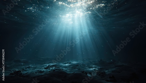 Underwater Scene With Sunlight Penetrating Through Dark Blue Water Depicting Marine Environment