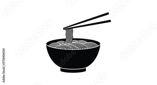 Simple black and white illustration of a bowl of ramen noodles being lifted with chopsticks silhouette