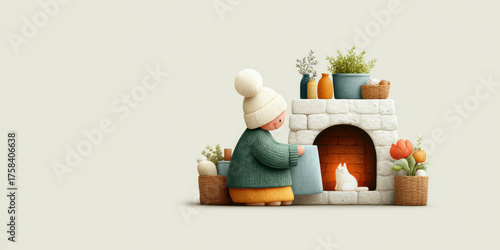 Claymation character knitting by a fireplace with a cat and potted plants.a postcard about home comfort. 