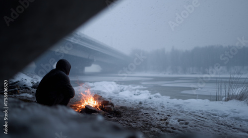 Fototapeta Naklejka Na Ścianę i Meble -  Homeless man sitting beside a small fire under a bridge, snow falling, frozen river nearby, harsh winter survival scene winter, cold, snow, poverty, survival, homelessness, street