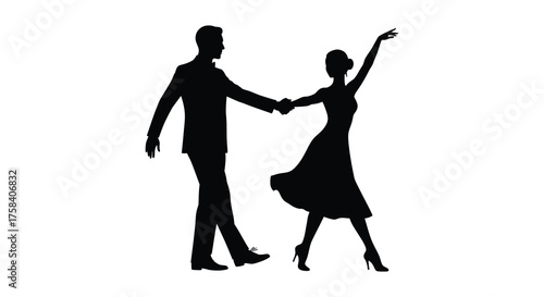 Elegant couple dancing gracefully in a classic silhouette against a white background silhouette