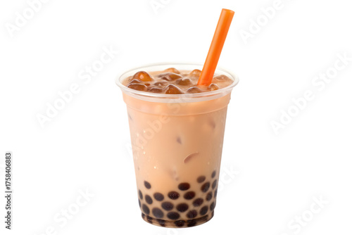 Iced milk tea with tapioca pearls and orange straw served in a clear plastic cup drink snack