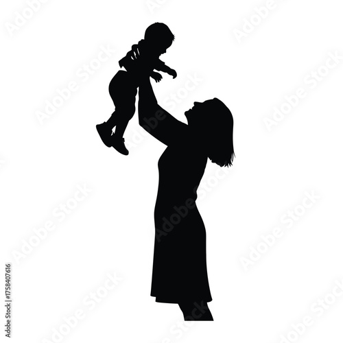 Silhouette of a woman holding a baby up in the air with her arms in a white background