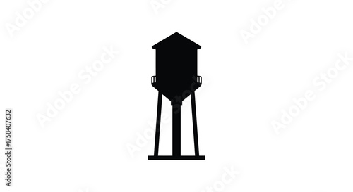 Iconic tall water tower standing against a white background in a stark silhouette style