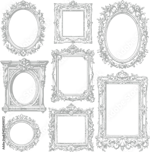 Vintage picture frame icon set with ornate scrollwork, floral motifs, and decorative flourishes in sketch-style line art