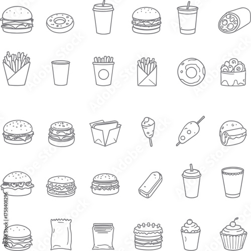 Fast food icon set with burgers, fries, tacos, donuts, drinks, cupcakes, and takeout boxes in clean black line style