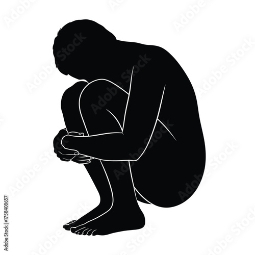 Silhouette of a person crouching with head down and arms wrapped around legs in monochrome art