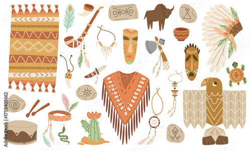 collection of Native American objects in a color flat style. Dreamcatcher, feathers, weapons, musical instruments, animal skulls, esoteric elements, animals, plants, clothes, dishes. American Indians