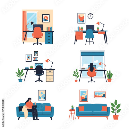 Modern home office setups with comfortable furniture and ample natural light for productive work.