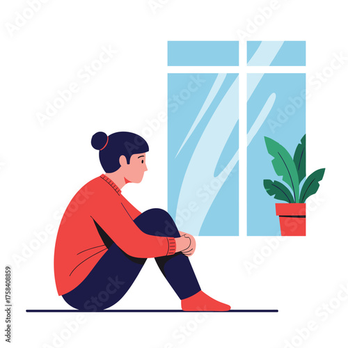 Woman sitting alone by the window feeling thoughtful and introspective.