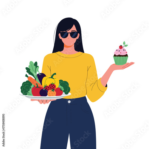 A woman is shown balancing a plate of fresh vegetables with a cupcake in her other hand.