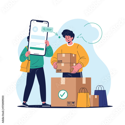 Man receiving packages from online purchases confirmed through a mobile app interface.