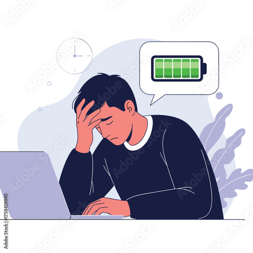 Overworked and exhausted man staring at a laptop with low battery indicating stress and burnout.