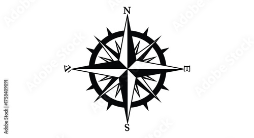 Detailed black silhouette of a compass rose showing cardinal directions north south east and west on a white background