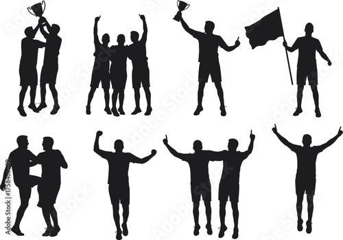 Silhouettes of athletes and teams celebrating with trophies, flags, and raised arms – vector illustration of victory, unity, and sportsmanship
