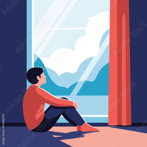 A person is sitting near a window, looking outside at a cloudy sky.