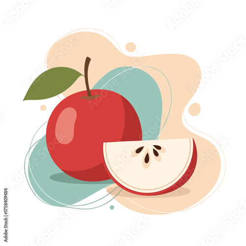 A fresh red apple with a slice showcasing its juicy interior with seeds.