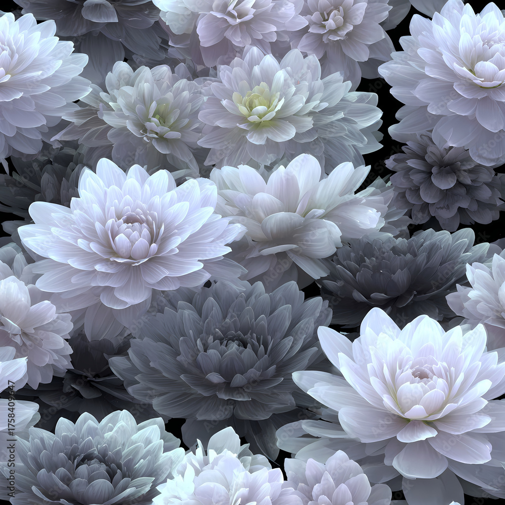 Obraz premium Seamless pattern of white and gray dahlia flowers on a dark background. Elegant floral design for textile, wallpaper, and fabric.