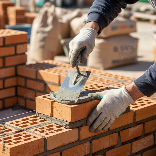 construction workers are laying red bricks