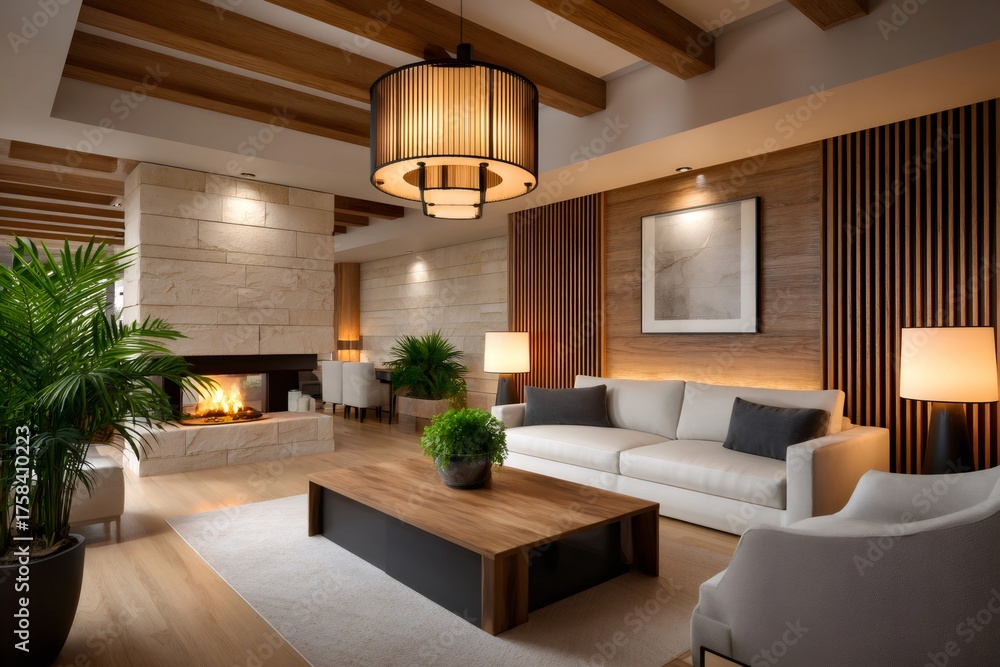 Fototapeta premium Modern living room interior featuring a warm fireplace