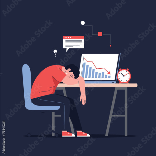 A stressed person with declining stock market graph on laptop.