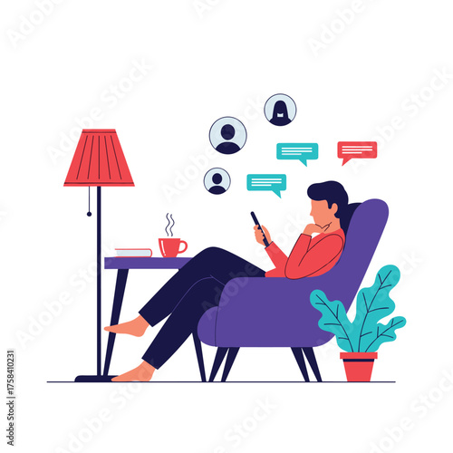 A person sits in a chair using a smartphone with people icons and chat bubbles above them.