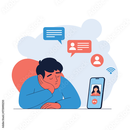 A lonely person looking at their phone with disappointment during a video call.