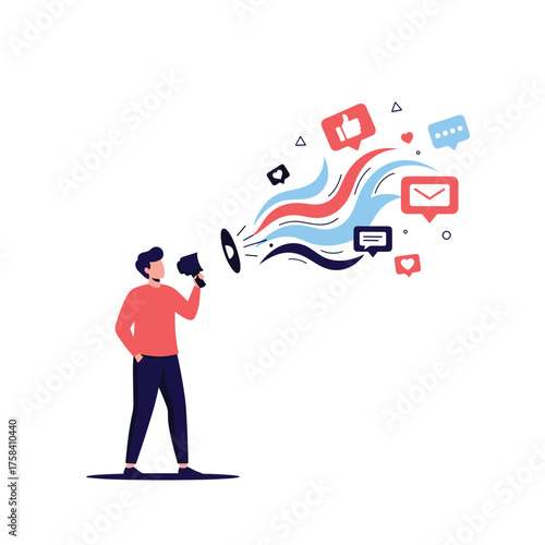 A person is using a megaphone to broadcast social media engagement symbols and waves of communication outwards.