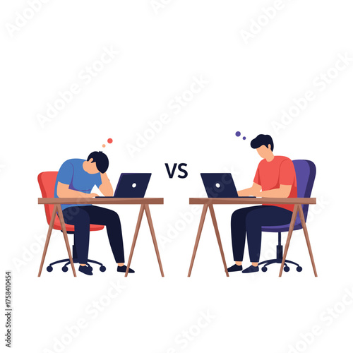 One person is bored while working on their laptop and the other is focused and engaged.