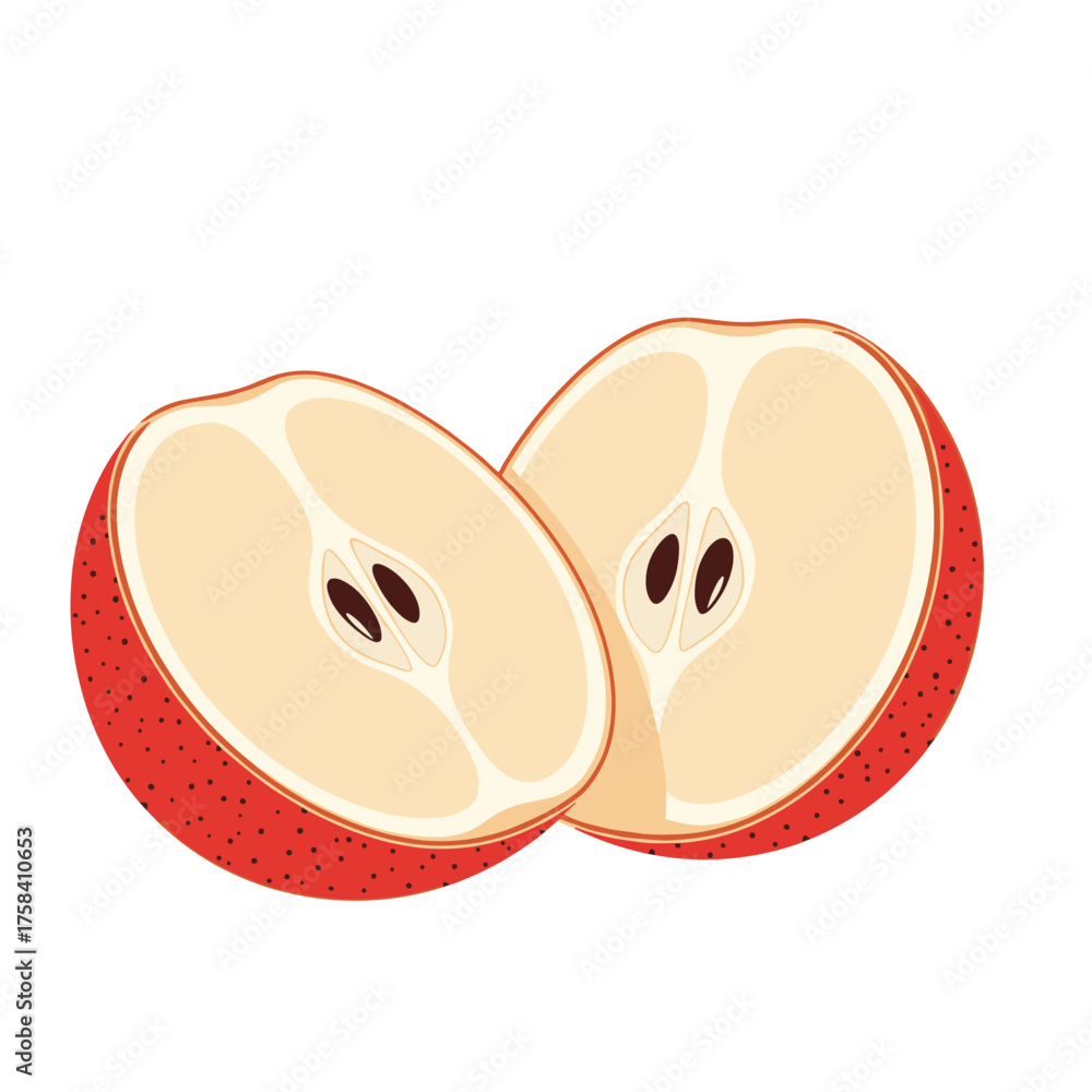 Fototapeta premium A vibrant red apple cut in half revealing its delicious juicy interior with small seeds.