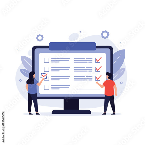 Two people marking items on a digital checklist displayed on a large computer screen.