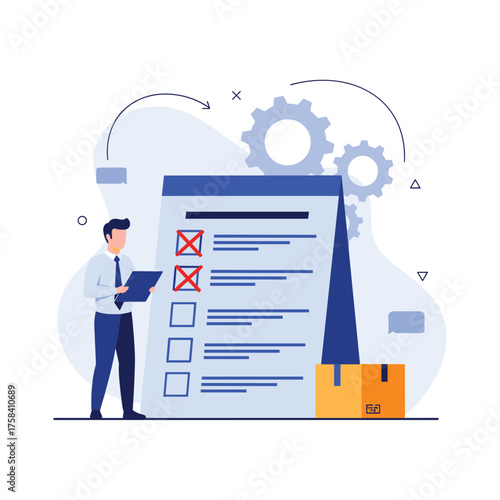 A businessman is checking a list on a clipboard next to a large checklist document and boxes.