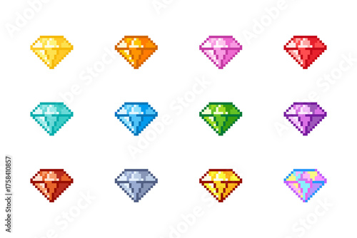 Diamonds pixel art icon set. Gemstone logo collection in retro 8-bit game style. Cute various colors pixel game gem design for stickers, icons, poster