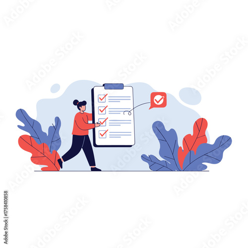 A person completing a checklist on a clipboard with plants in the background.