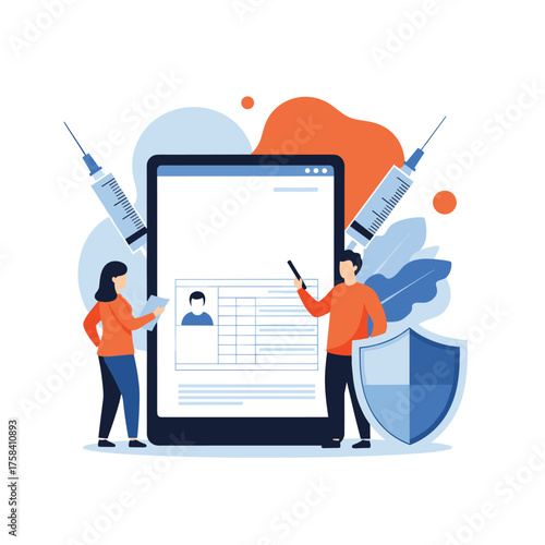 Digital health records and vaccination proof displayed on a tablet screen with syringes and shield protection.