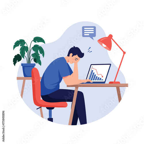A person feeling stressed and overwhelmed while working on a laptop showing a downward trending graph.