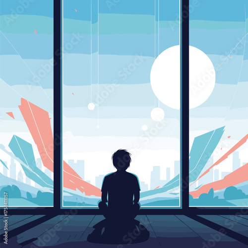 A person meditates by a large window overlooking a stylized city landscape.