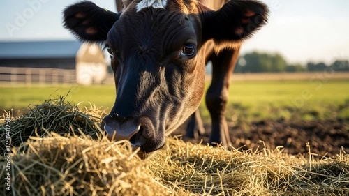 Close up of a Dairy Cow Eating Hay in a Sunny Farm Field