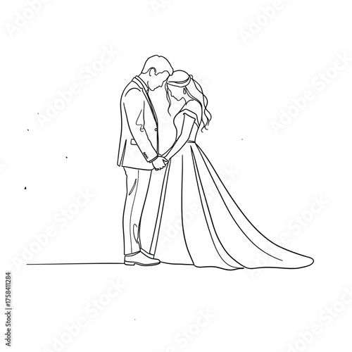 Line drawing of a bride and groom holding hands and facing each other in white background