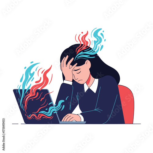 Overwhelmed businesswoman experiencing burnout and mental exhaustion from demanding work deadlines.