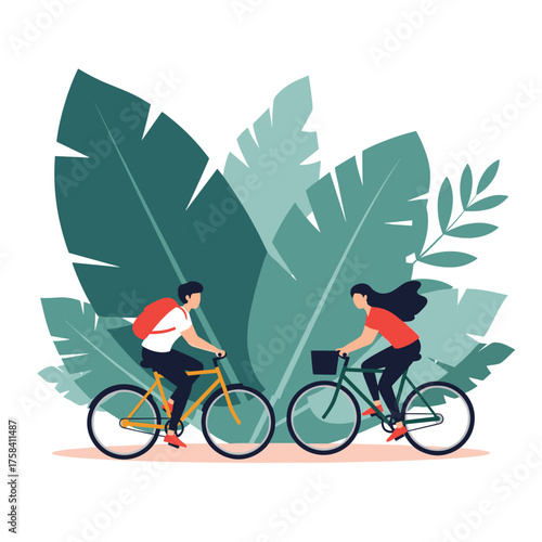 A couple enjoys a leisurely bike ride through lush tropical foliage on a sunny day.
