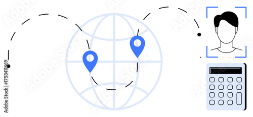 Globe with geolocation pins, user identification icon, and calculator suggest connectivity, tracking, authentication, and data management. Ideal for technology, security, logistics accounting