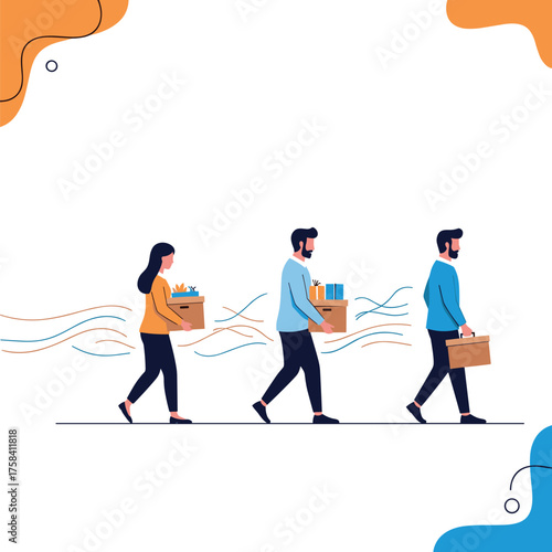 Employees carrying boxes walking away from the office.