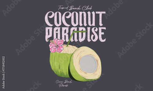 Coconut paradise artwork. Coconut fruit print design for t shirt print, poster, sticker, background and other uses. Coco beach in florida. tropical paradise.
